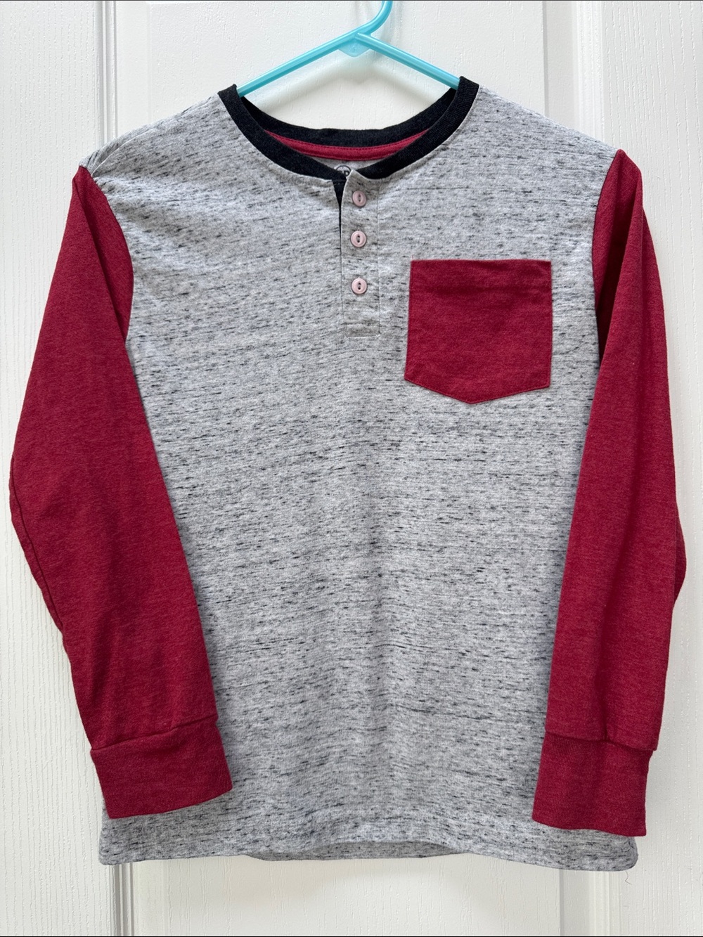Kids Long-Sleeve Henley Tee in Heather Gray with Burgundy Sleeves